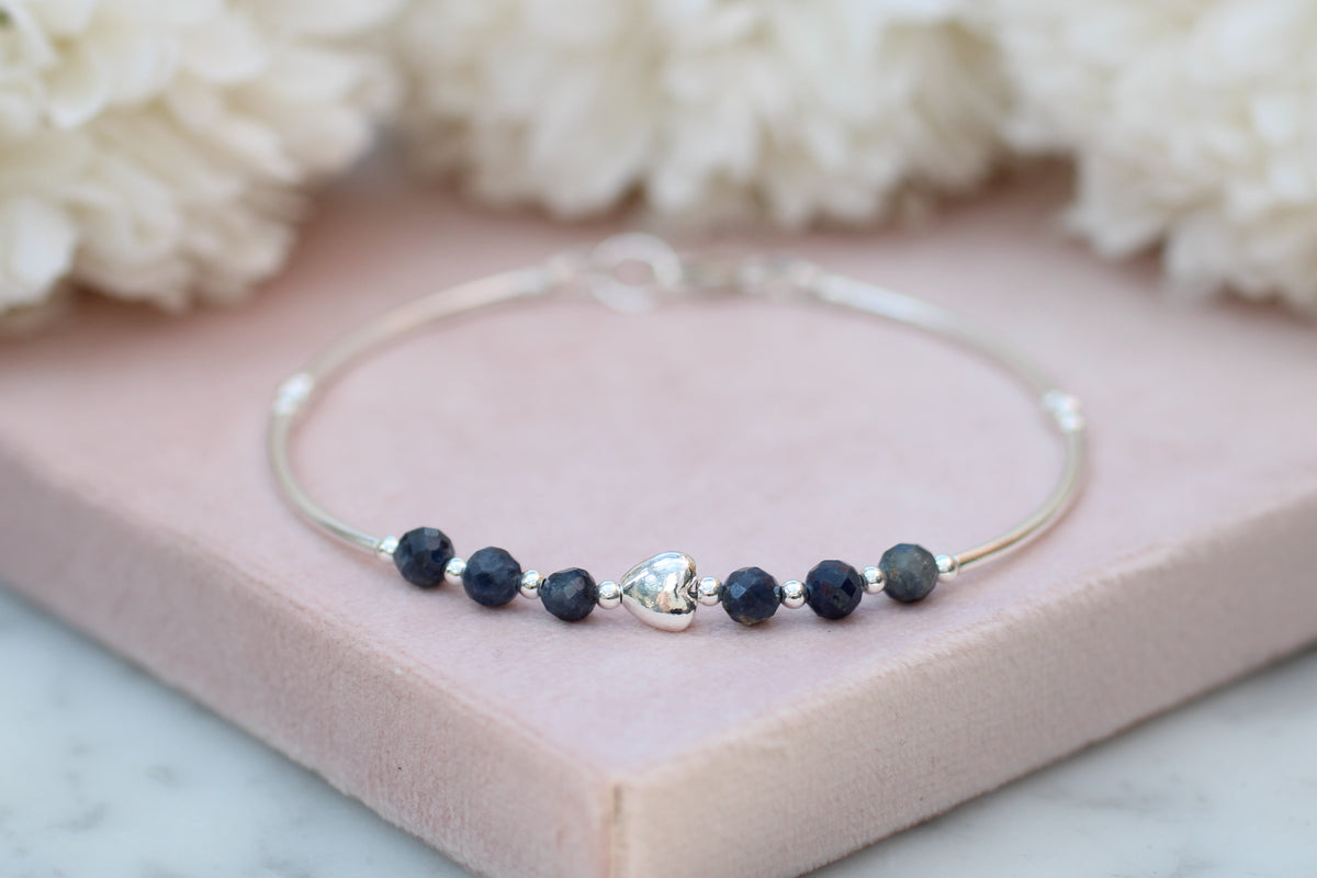 Natural Sapphire Bracelet – Sterling Silver Sideways Heart