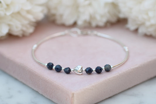 Natural Sapphire Bracelet – Sterling Silver Sideways Heart