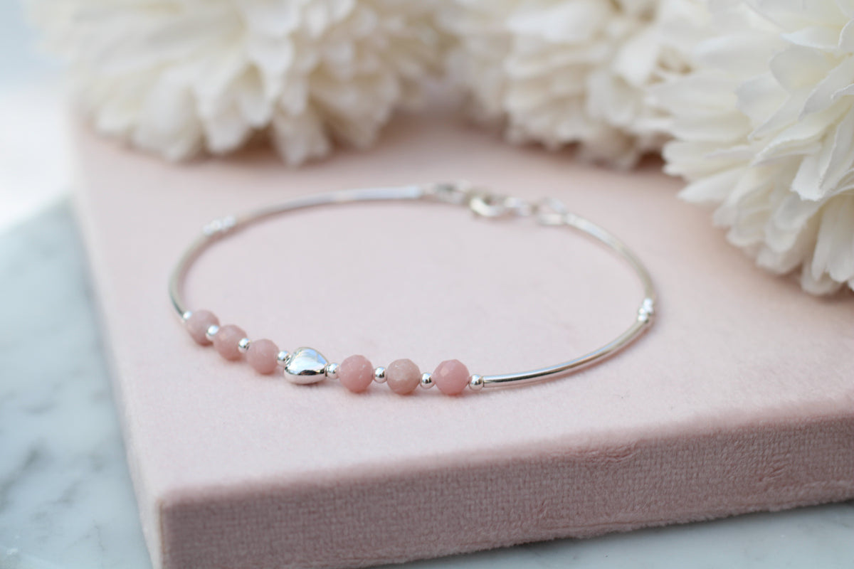 Natural Pink Opal Bracelet – Sterling Silver Sideways Heart