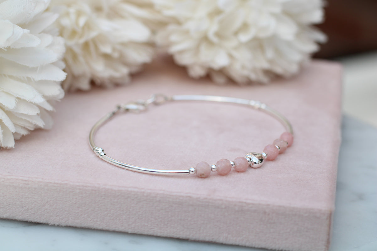 Natural Pink Opal Bracelet – Sterling Silver Sideways Heart
