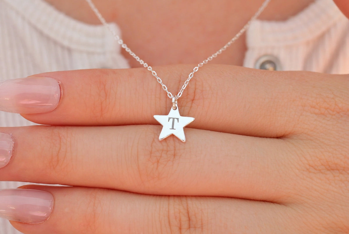 Engraved Star Initial Necklace in Sterling Silver