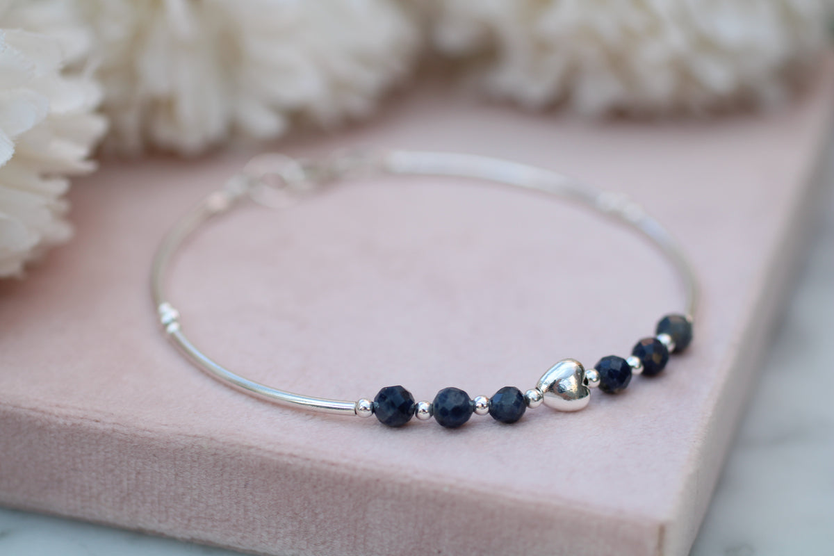 Natural Sapphire Bracelet – Sterling Silver Sideways Heart