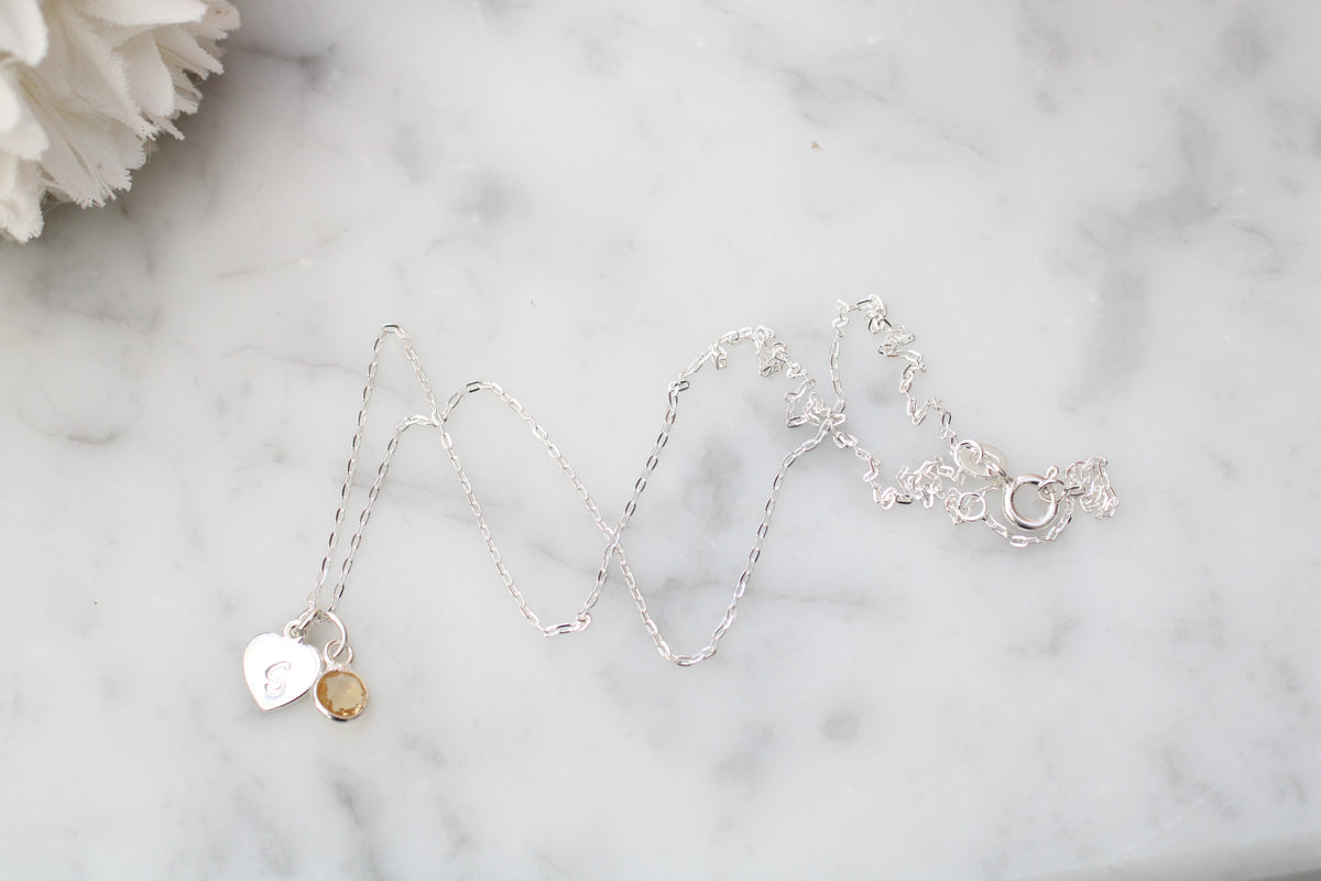 Sterling Silver Citrine Charm & Initial Necklace | November Birthstone Jewellery