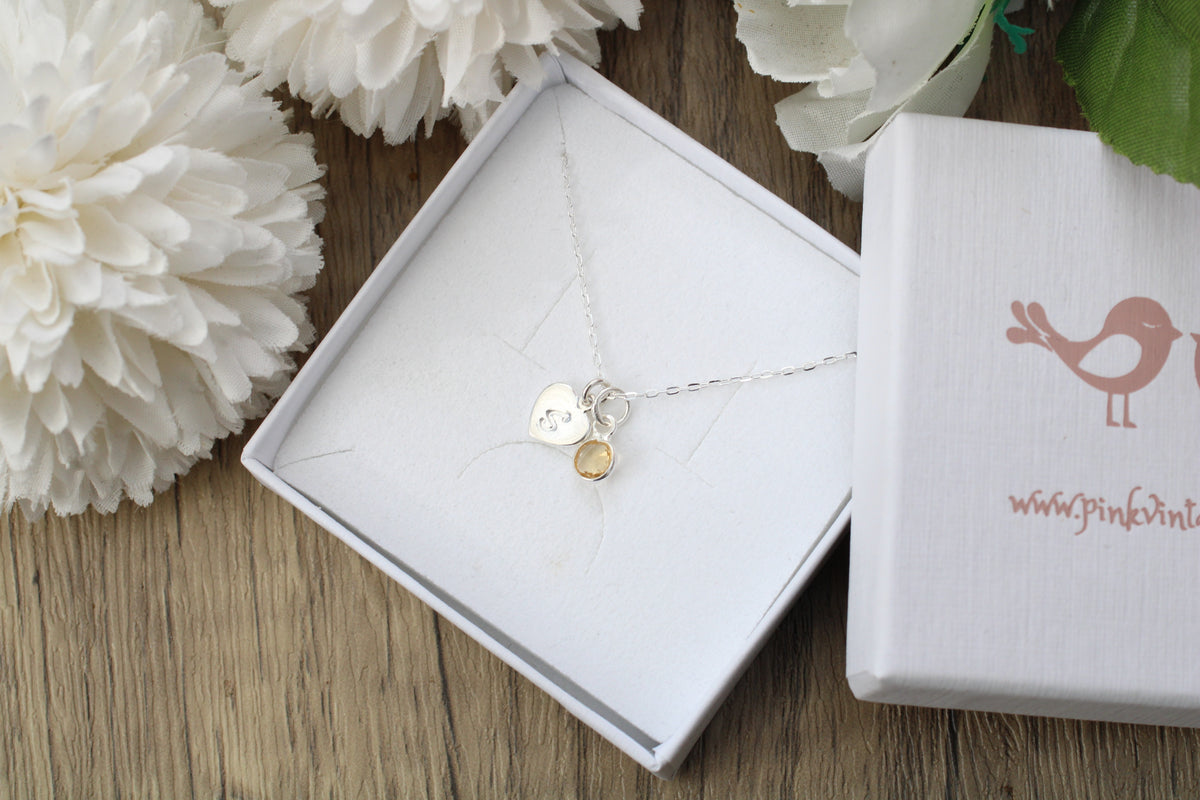 Sterling Silver Citrine Charm & Initial Necklace | November Birthstone Jewellery