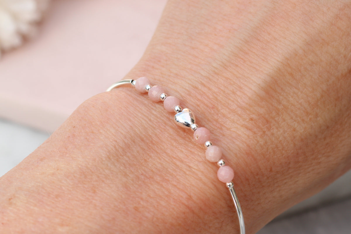 Natural Pink Opal Bracelet – Sterling Silver Sideways Heart
