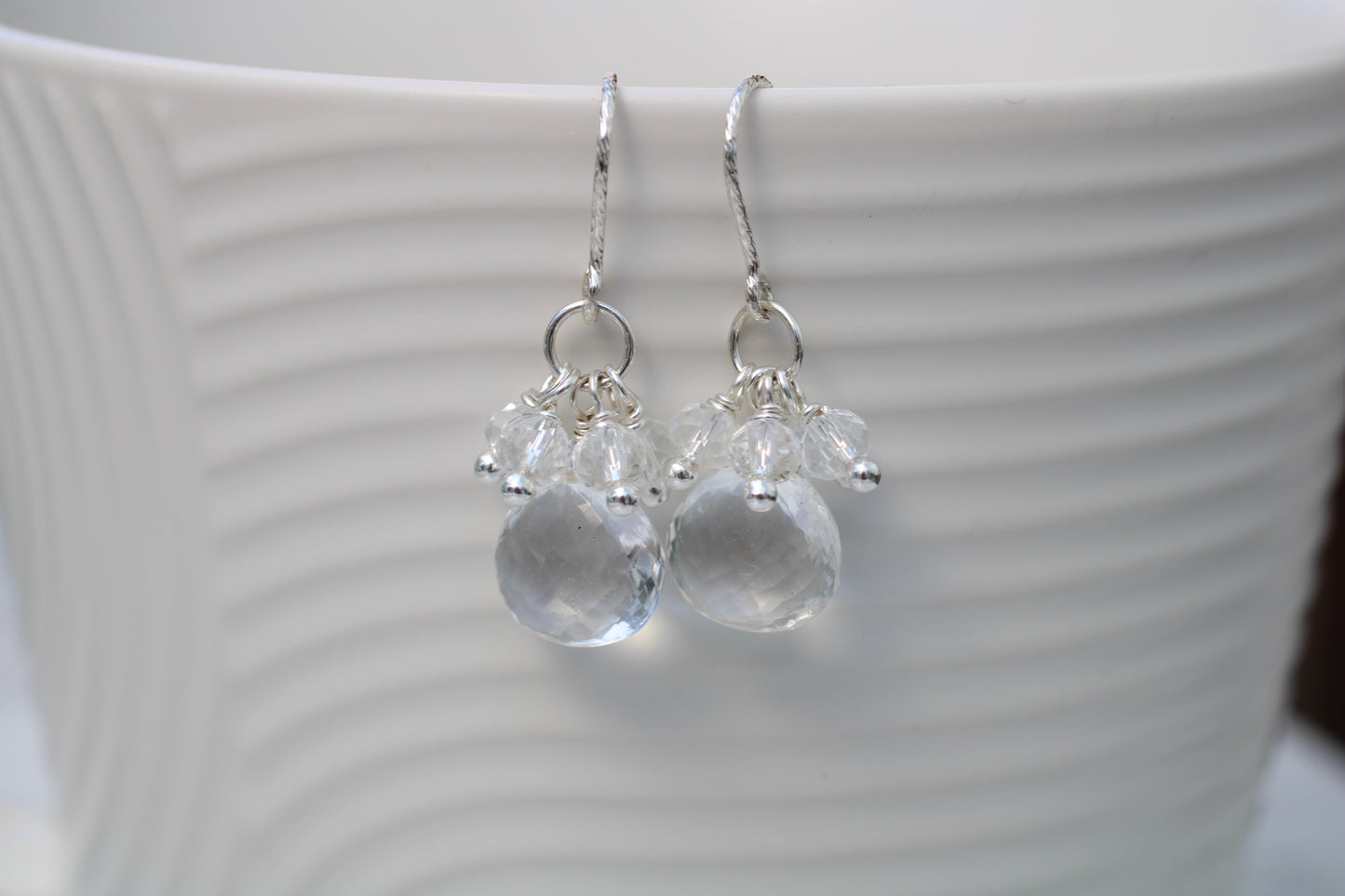 AAA Crystal Quartz Briolette Earrings – Sterling Silver Wire Wrapped Cluster
