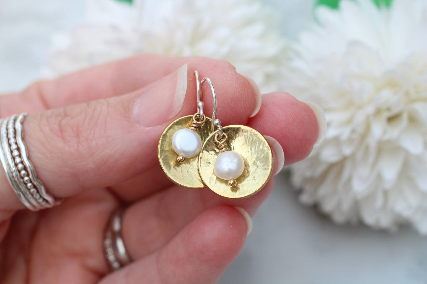 Handmade Brass Disc Earrings with Freshwater Pearl