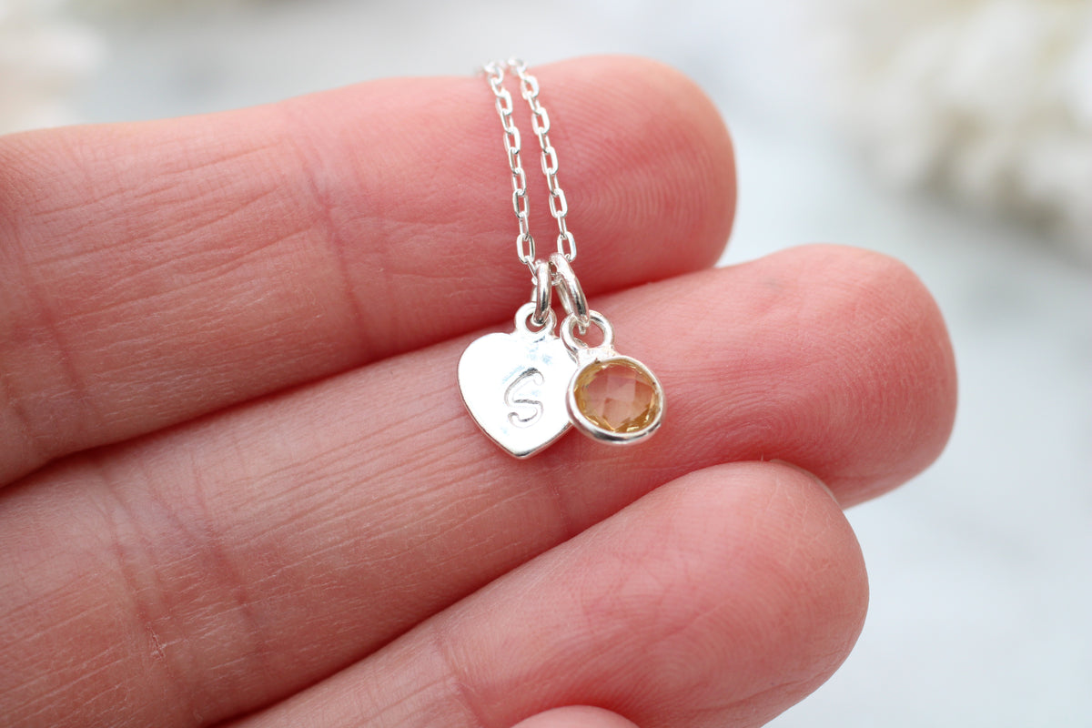 Sterling Silver Citrine Charm & Initial Necklace | November Birthstone Jewellery