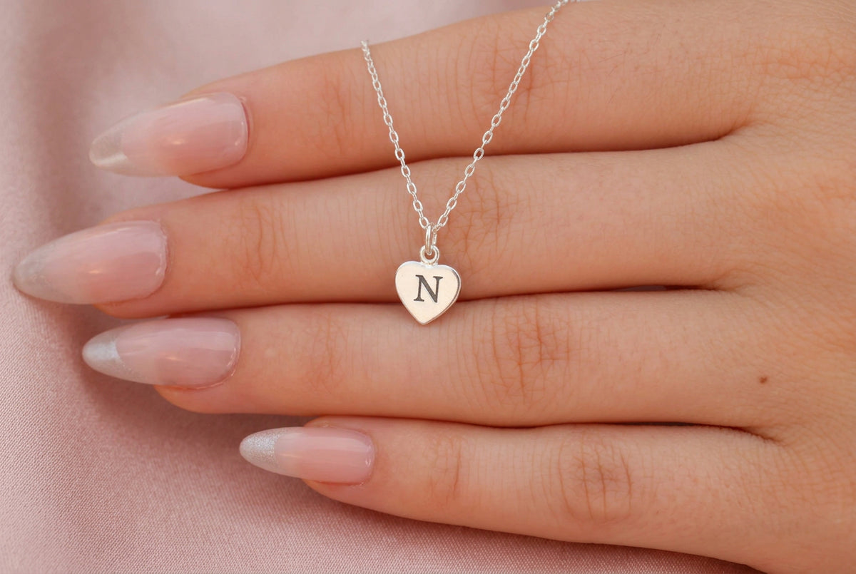 Engraved Heart Initial Necklace in Sterling Silver