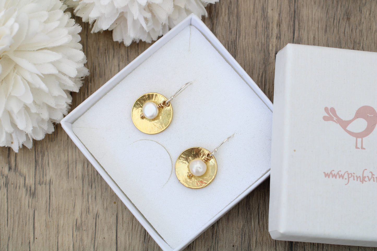 Handmade Brass Disc Earrings with Freshwater Pearl