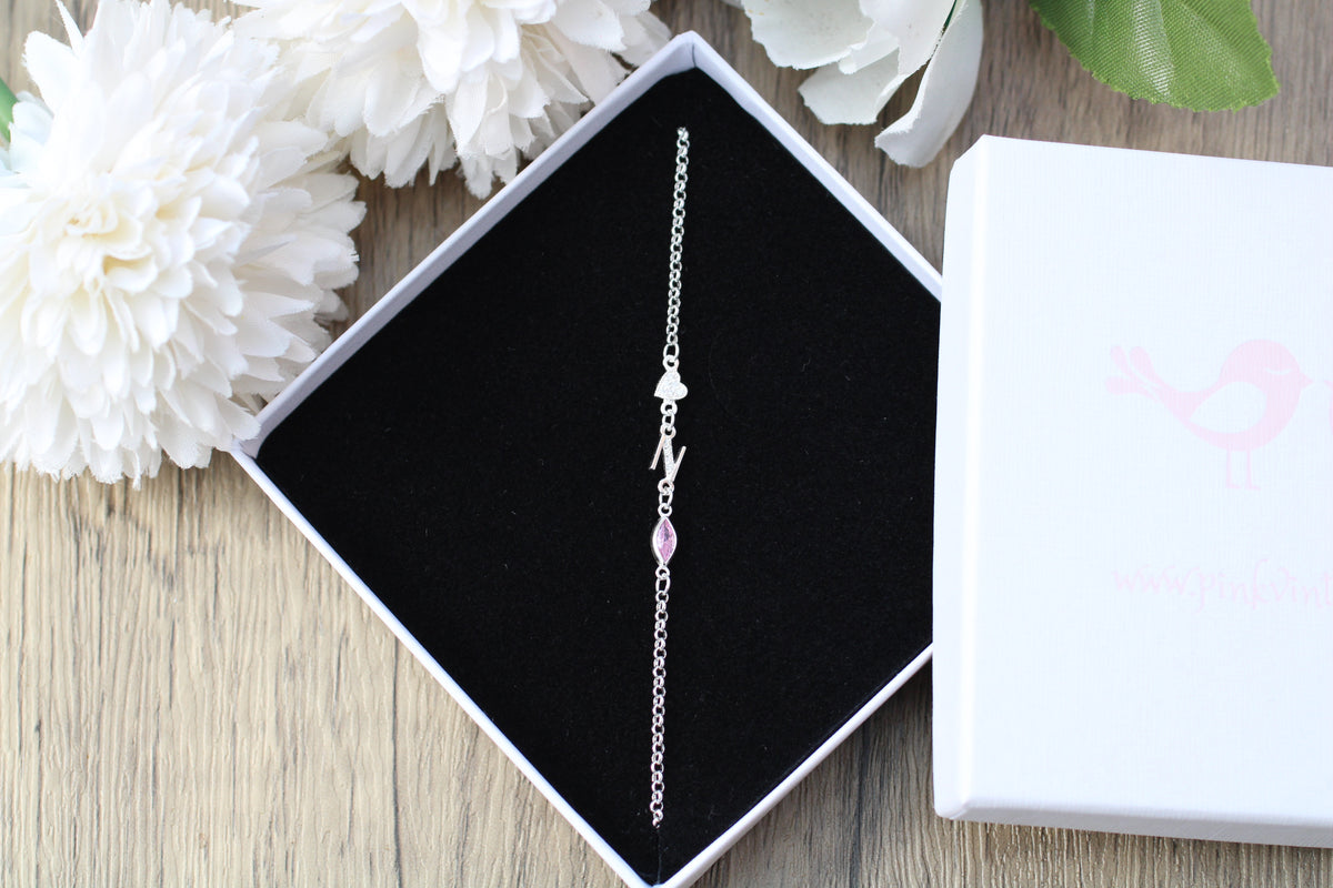 Personalised Initial, Heart & Birthstone Bracelet | Pink Vintage Jewellery
