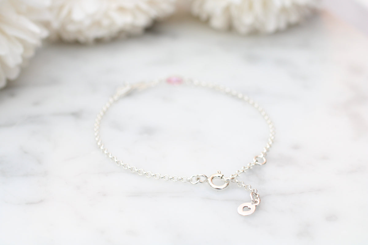 Personalised Initial, Heart & Birthstone Bracelet | Pink Vintage Jewellery