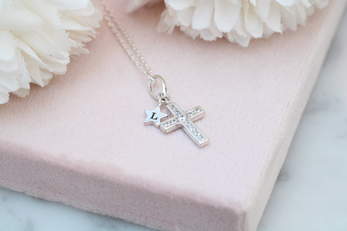 Personalised Sterling Silver Cross and Engraved Star Necklace