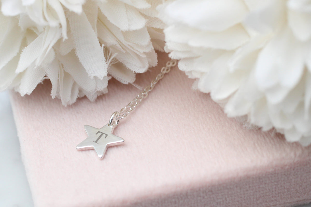 Engraved Star Initial Necklace in Sterling Silver