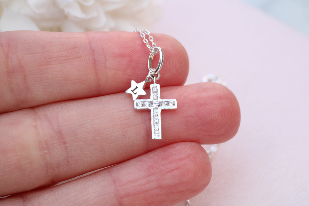 Personalised Sterling Silver Cross and Engraved Star Necklace