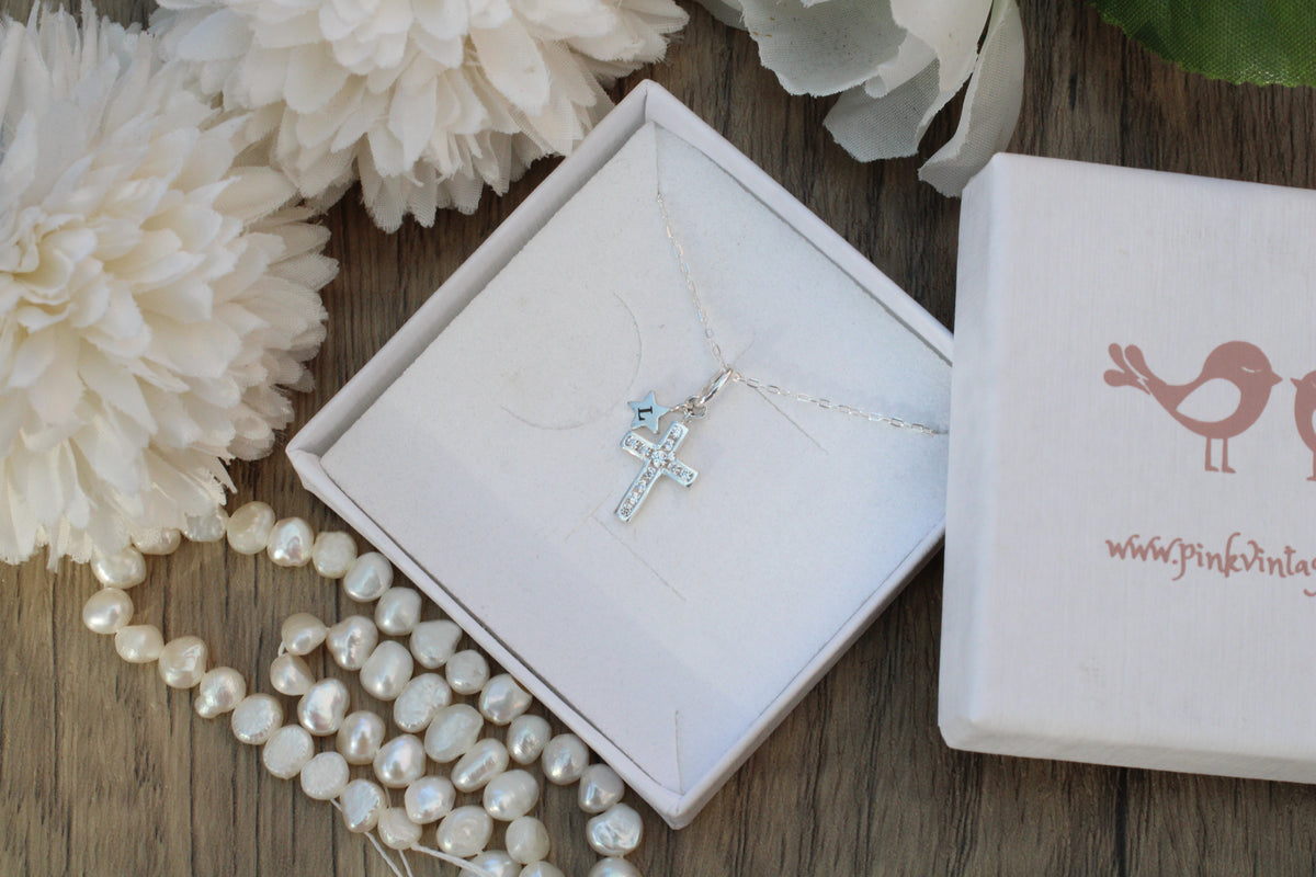 Personalised Sterling Silver Cross and Engraved Star Necklace