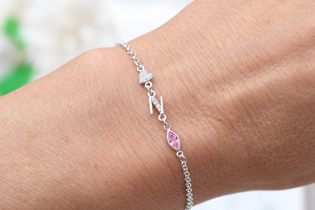 Personalised Initial, Heart & Birthstone Bracelet | Pink Vintage Jewellery