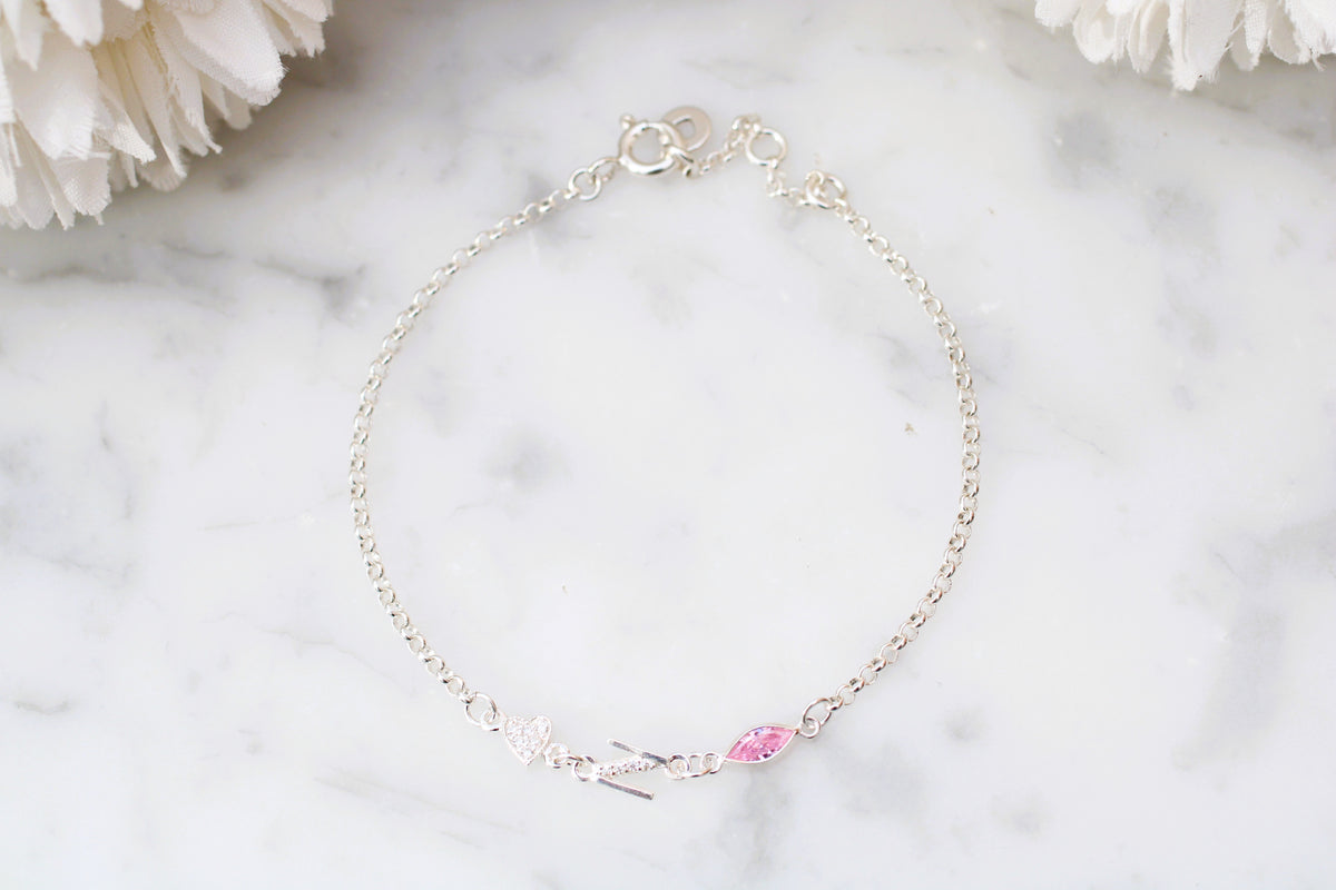 Personalised Initial, Heart & Birthstone Bracelet | Pink Vintage Jewellery