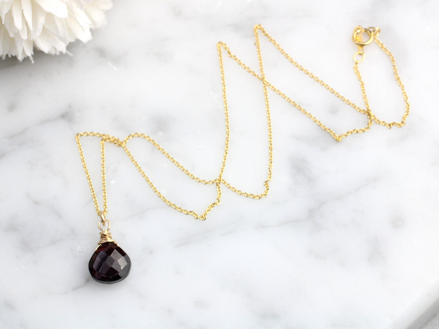 Garnet drop necklace in gold. Ready to ship.