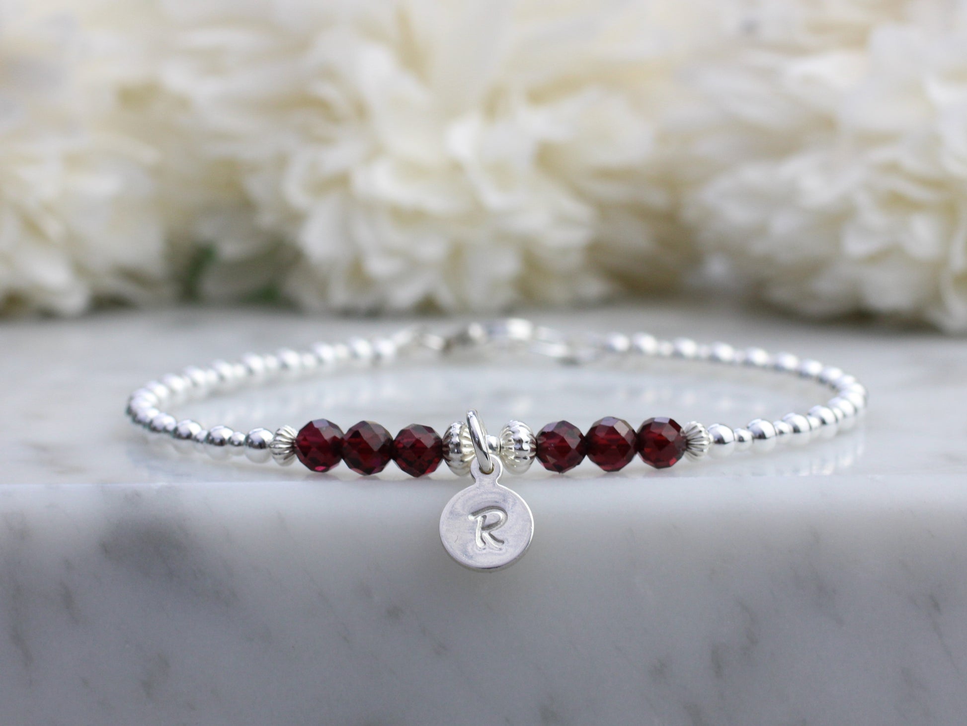 garnet initial bracelet