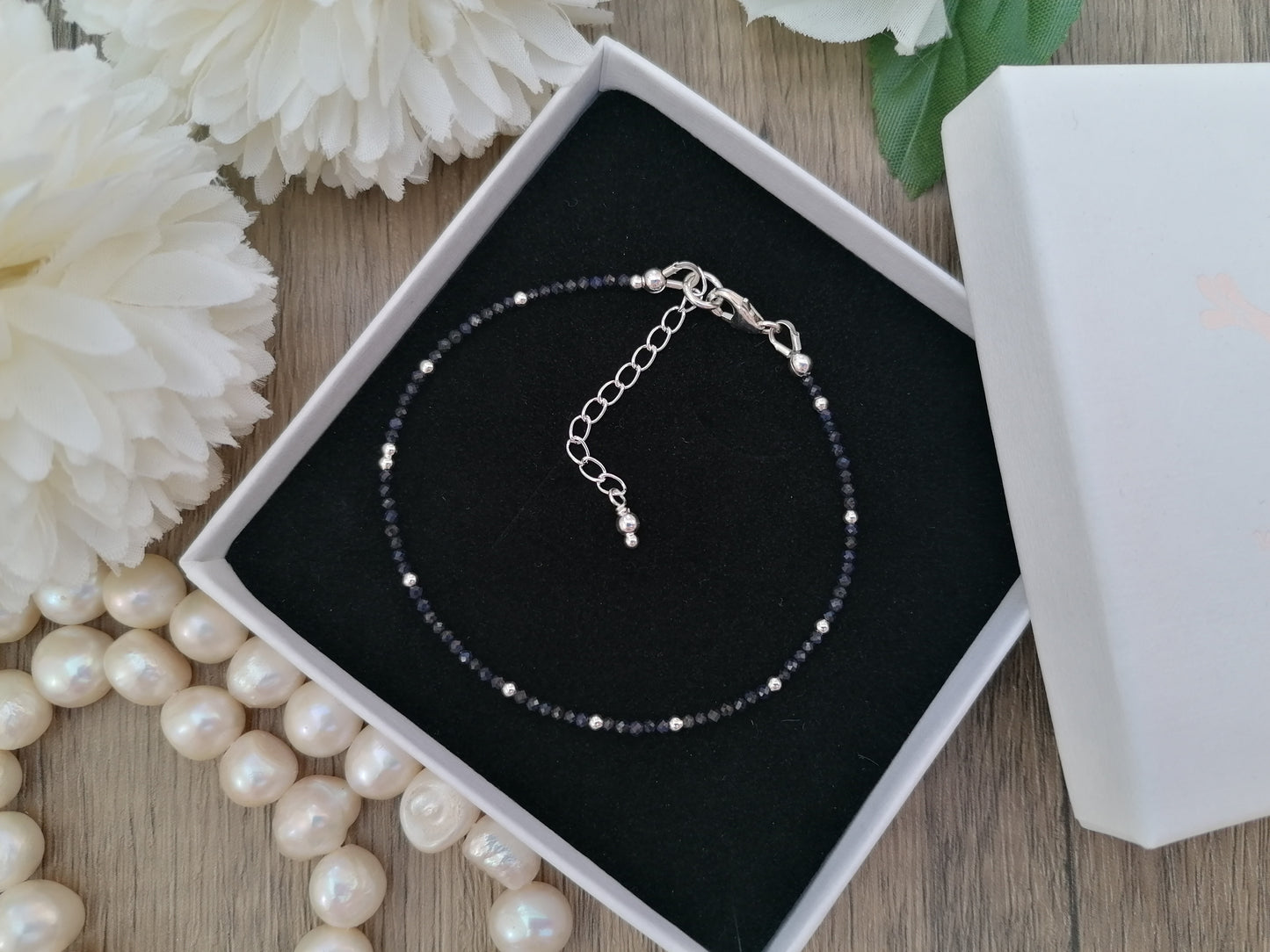 Skinny sapphire bracelet in sterling silver or gold.