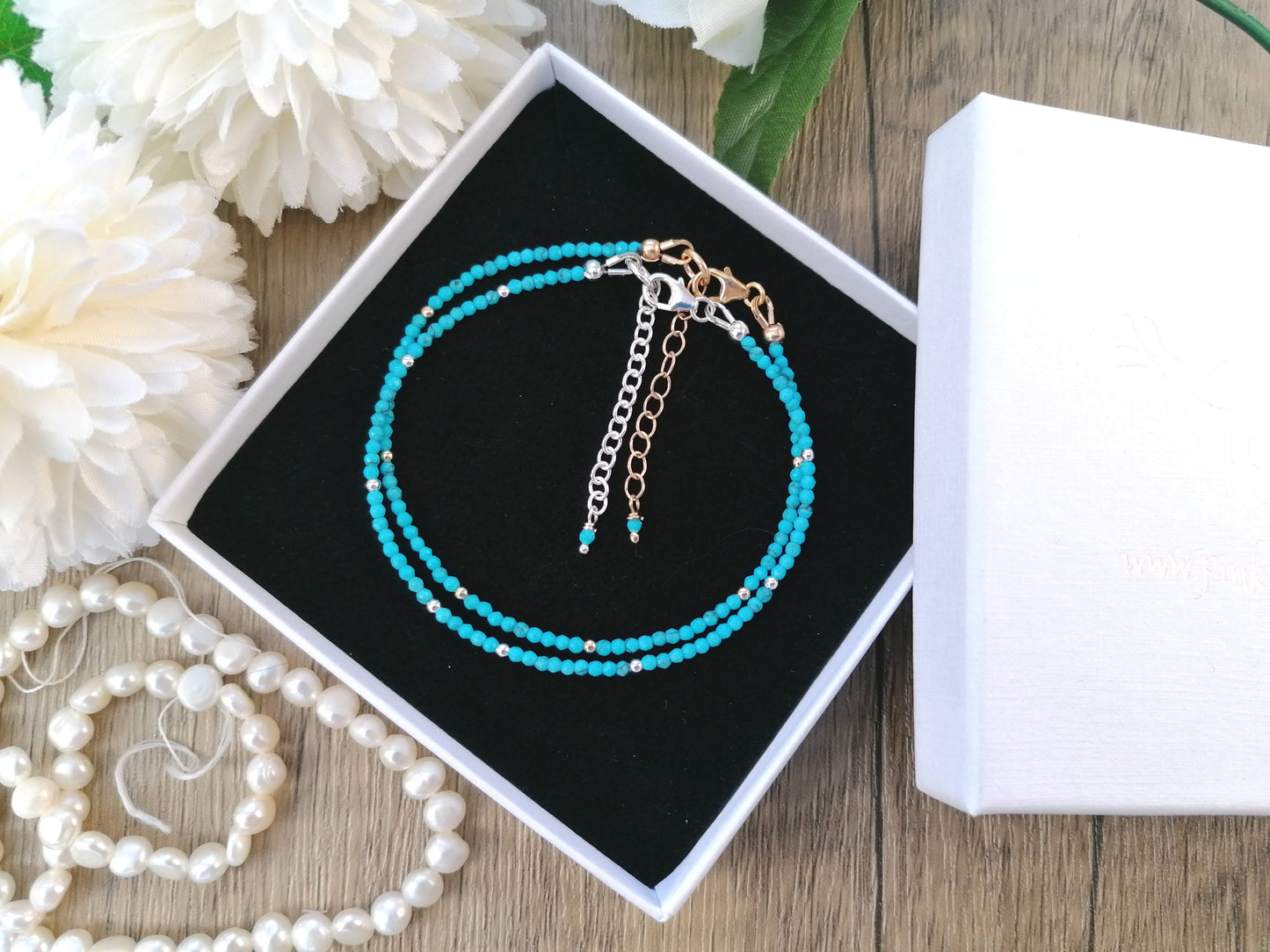 Skinny turquoise bracelet in sterling silver or gold.