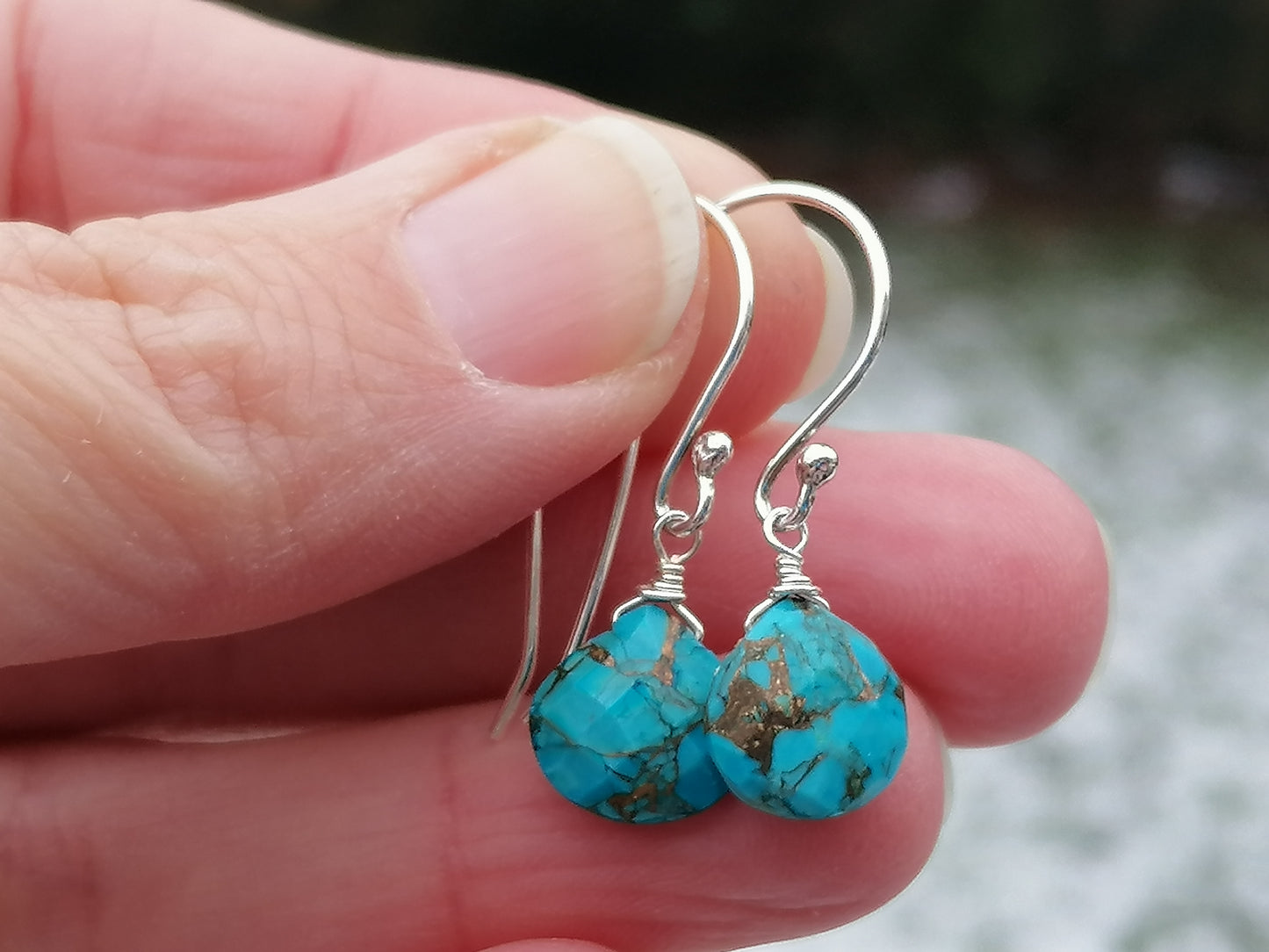 Turquoise earrings in sterling silver or gold.