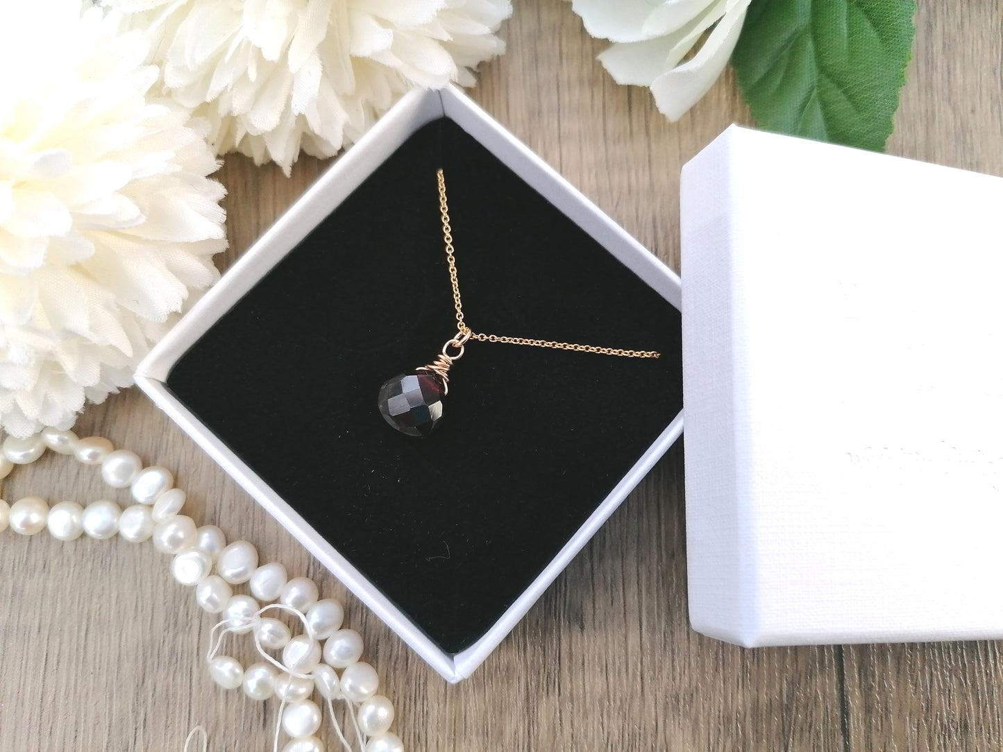 Garnet drop necklace in gold. Ready to ship.