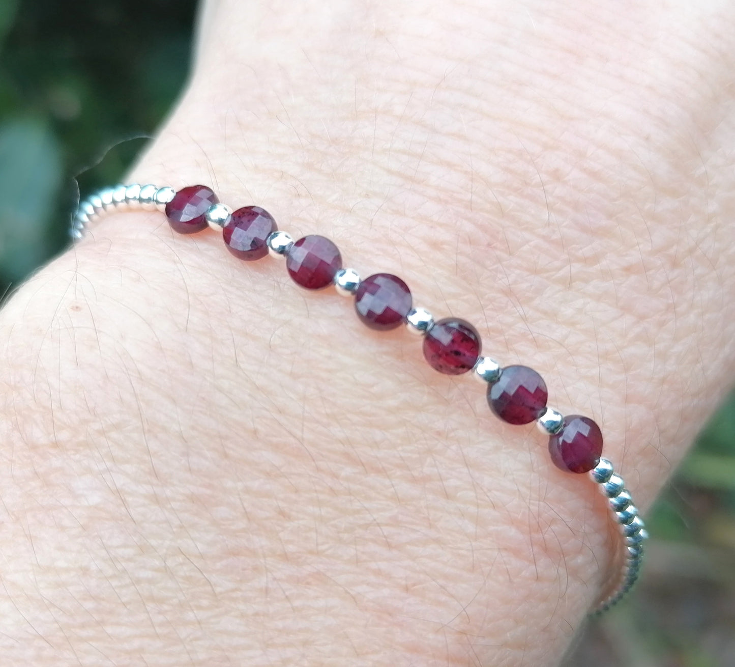 Garnet coin bead bracelet.