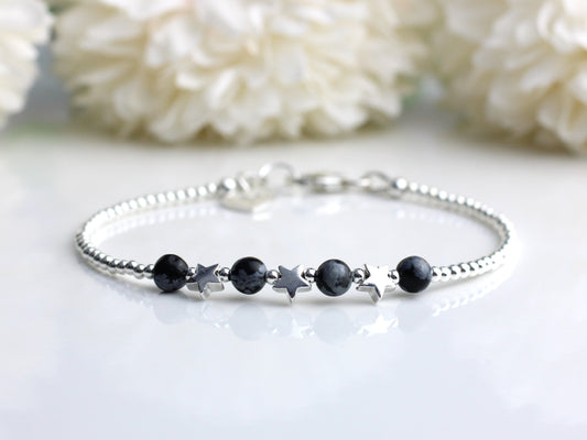 Snowflake obsidian bracelet in sterling silver with optional personalised tag - initial, number or zodiac sign.