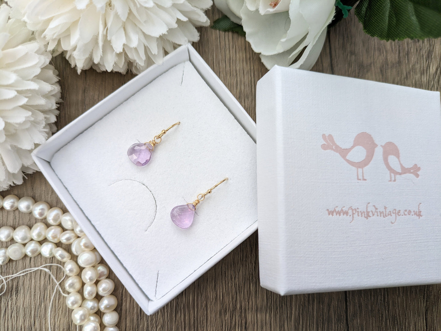 Amethyst drop earrings in silver or gold.