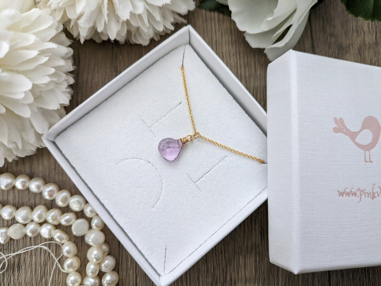 Amethyst crystal necklace in sterling silver or gold.