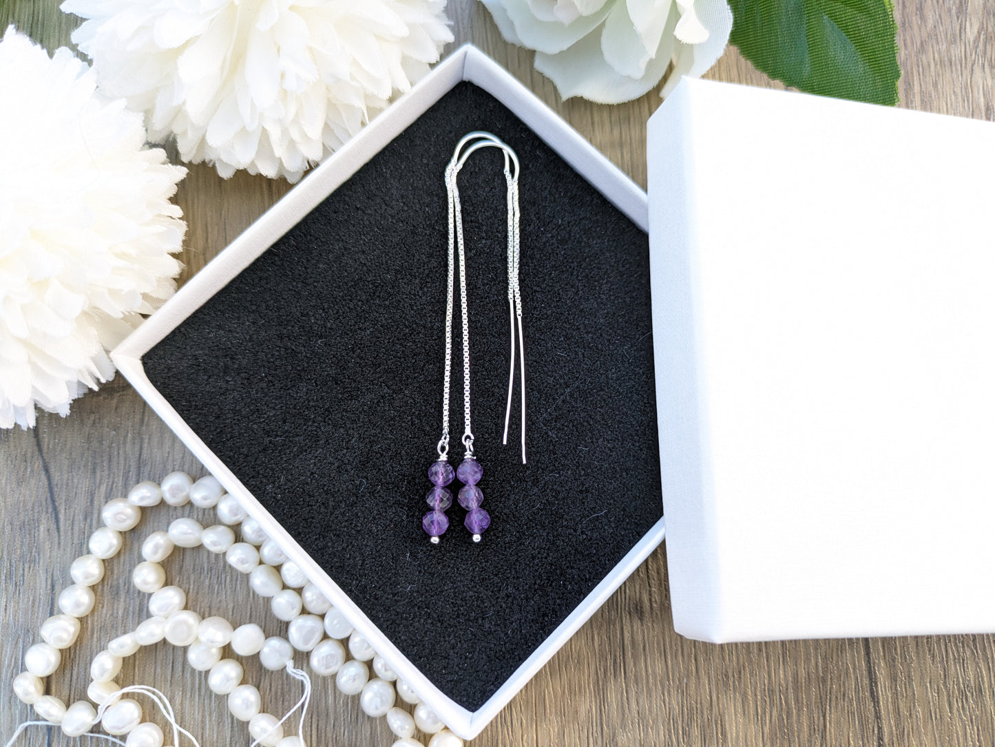 Amethyst thread through earrings in sterling silver.