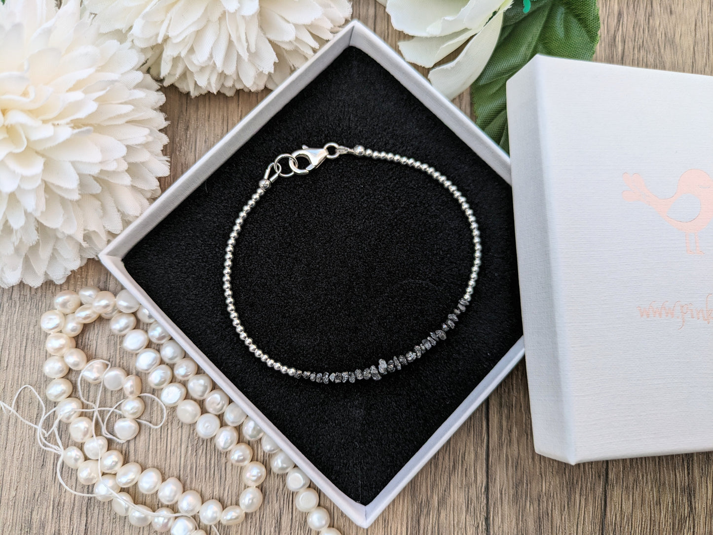 Raw black diamond bracelet. April birthstone bracelet.