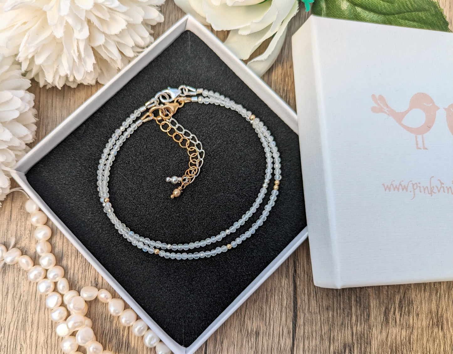 Skinny moonstone bracelet in silver or gold.