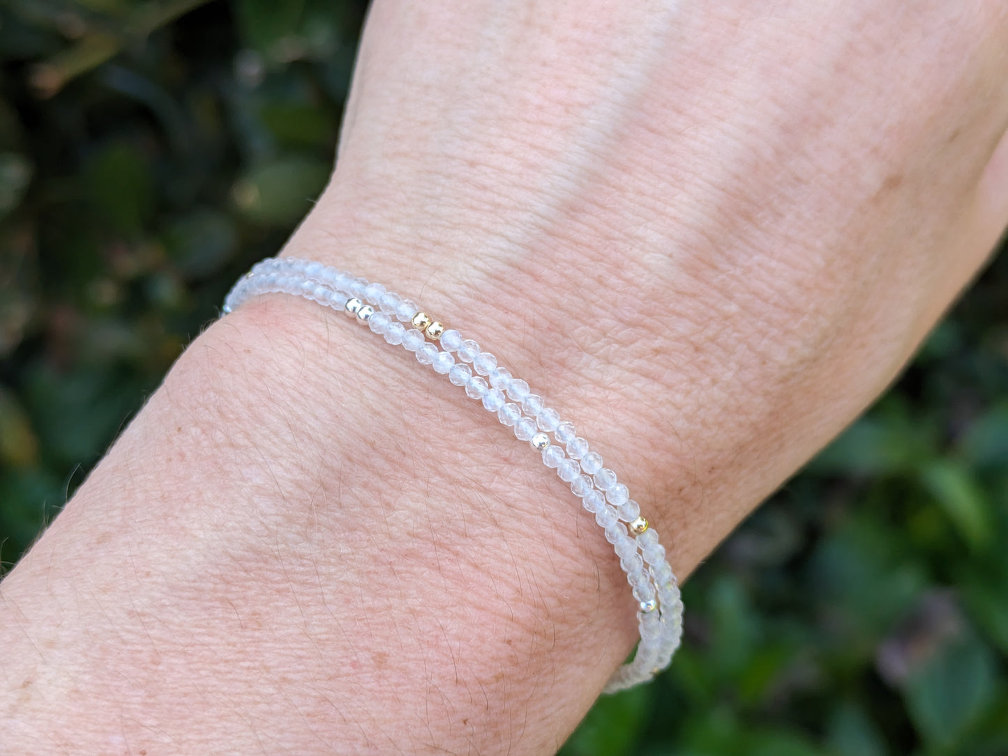 Skinny moonstone bracelet in silver or gold.