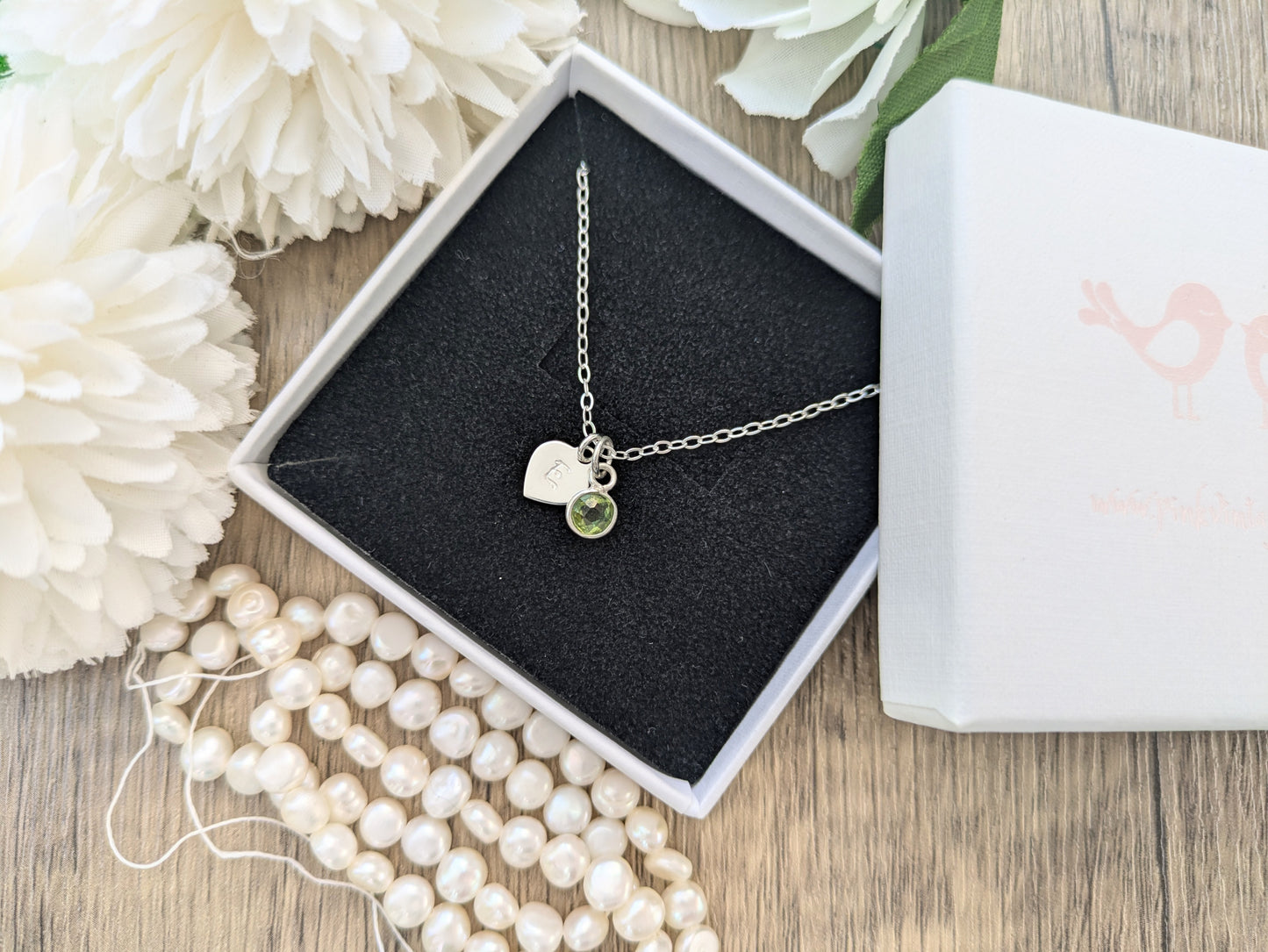 Initial and peridot charm necklace. August birthstone.