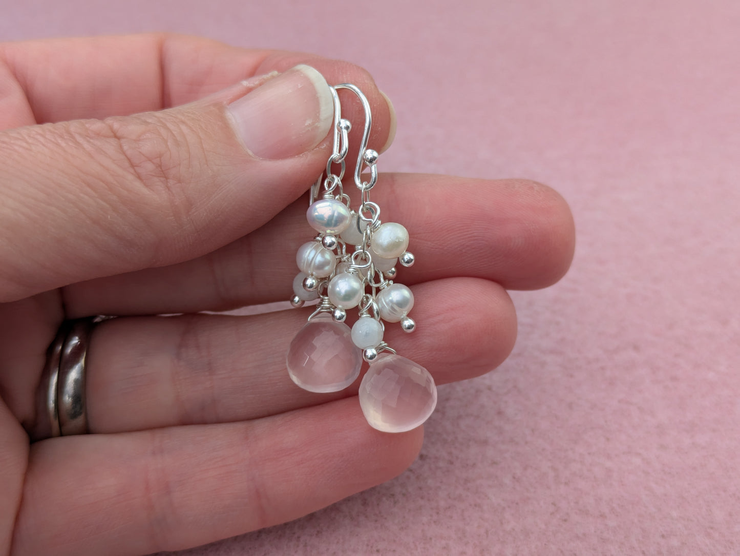 Rose quartz cluster earrings.