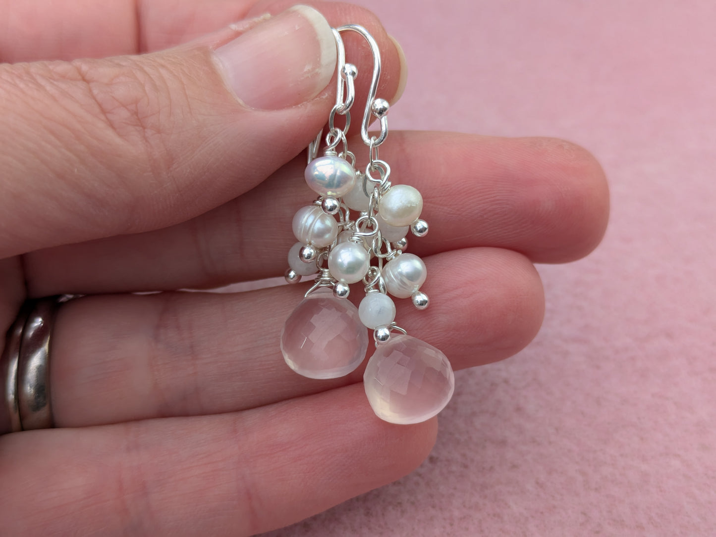 Rose quartz cluster earrings.