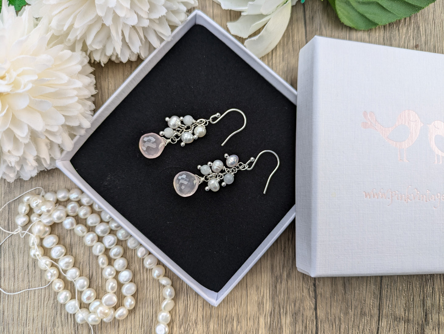 Rose quartz cluster earrings.