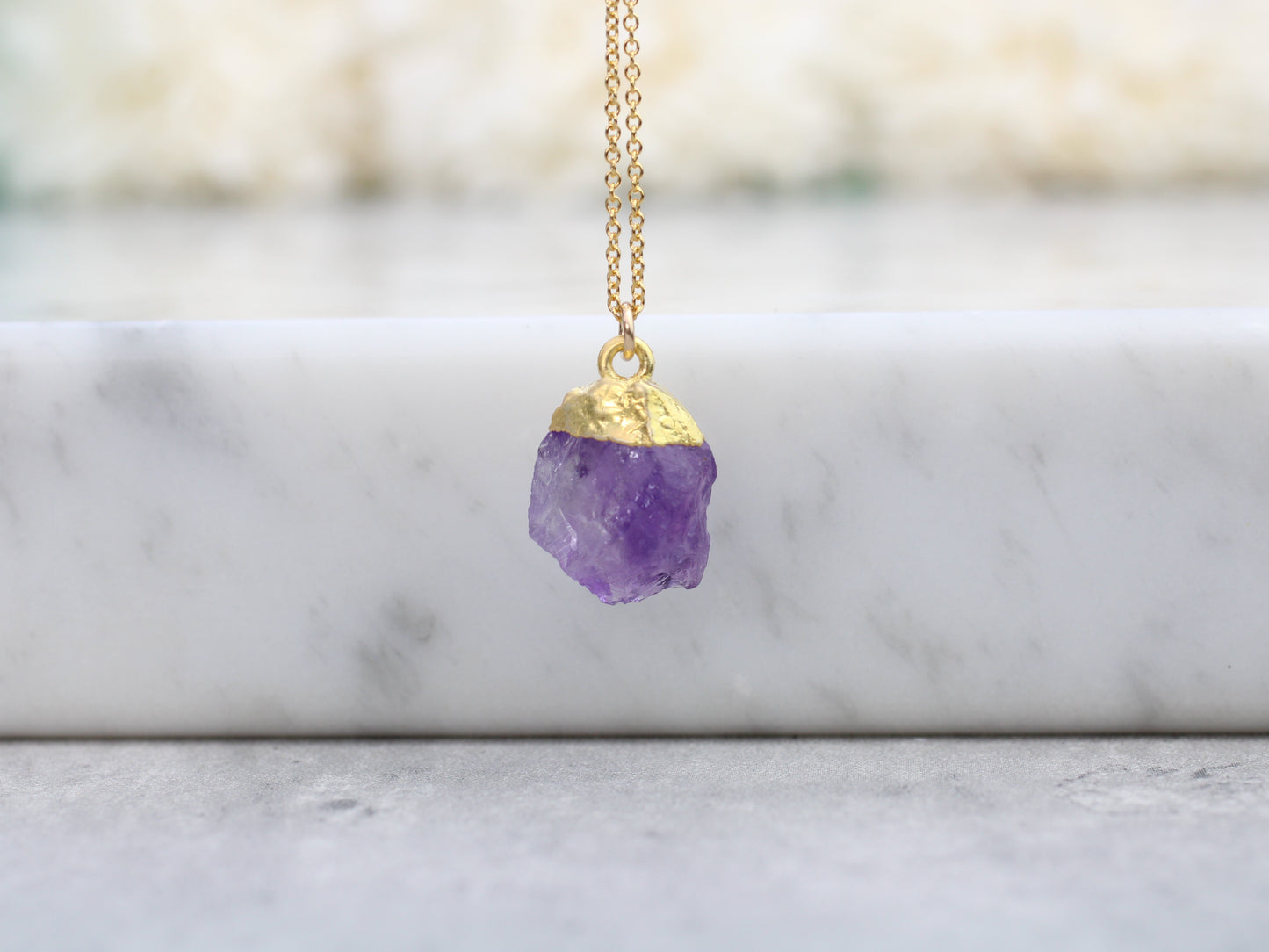 February birthstone necklace. Amethyst gold necklace.
