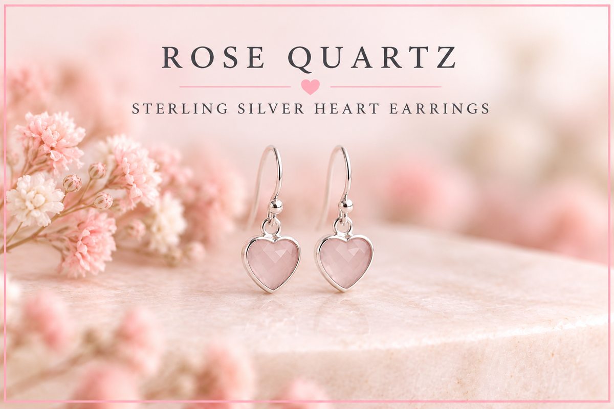 Rose Quartz Heart Earrings in Sterling Silver
