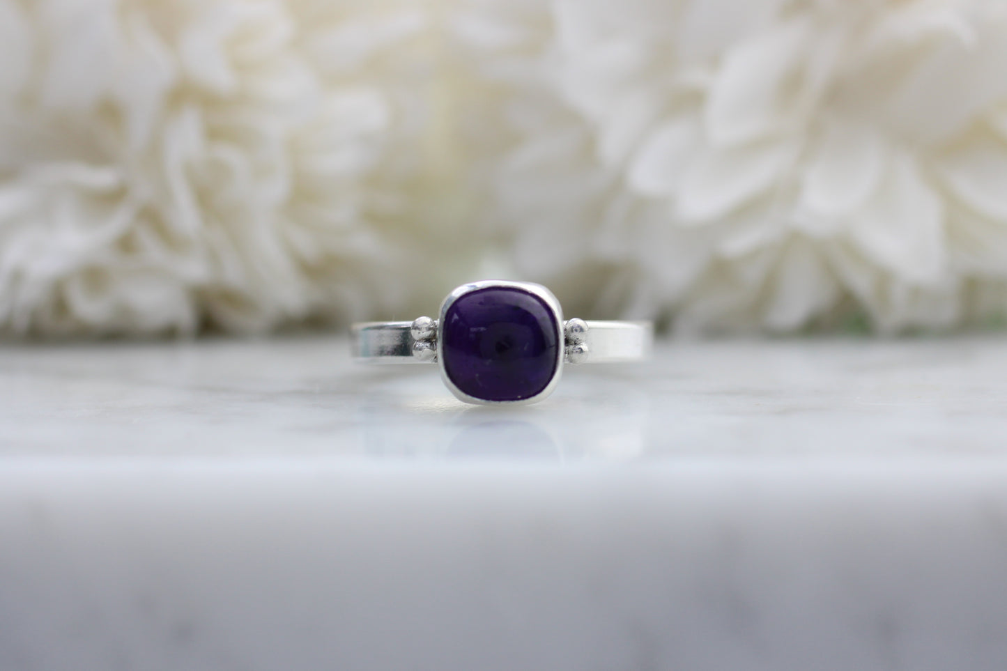 Amethyst Cabochon Sterling Silver Ring with Granulation Detail. Size P