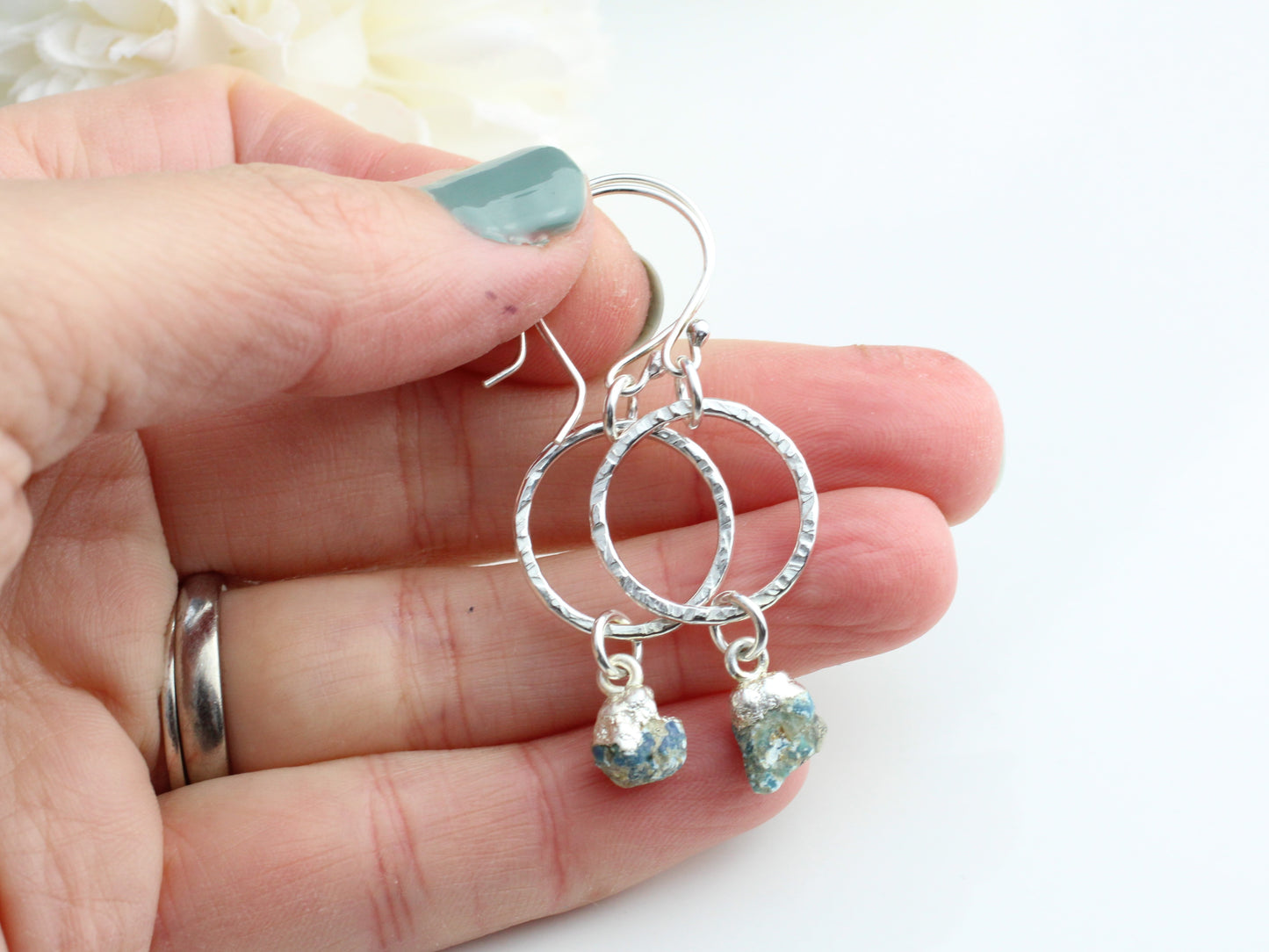 Turquoise hoop earrings in sterling silver. December birthstone earrings.