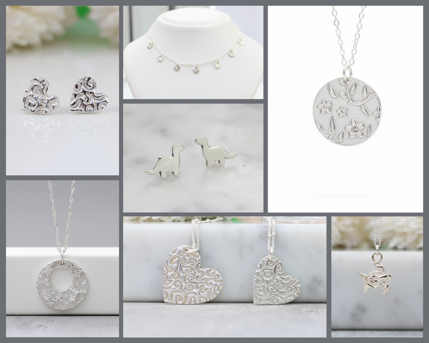 Collage of various silver jewelry pieces including necklaces and pendants on a neutral background.