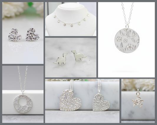 Collage of various silver jewelry pieces including necklaces and pendants on a neutral background.