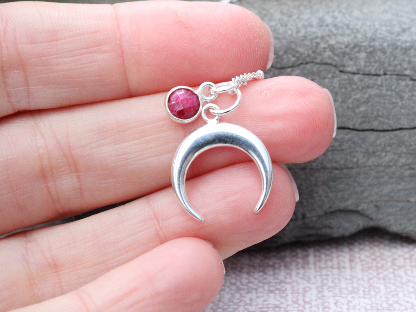 Crescent moon necklace with optional birthstone.