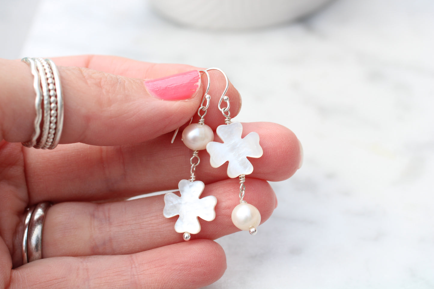 Mother of Pearl Clover & Freshwater Pearl Mismatched Earrings – Sterling Silver