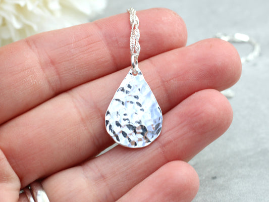 Hammered teardrop necklace in sterling silver.