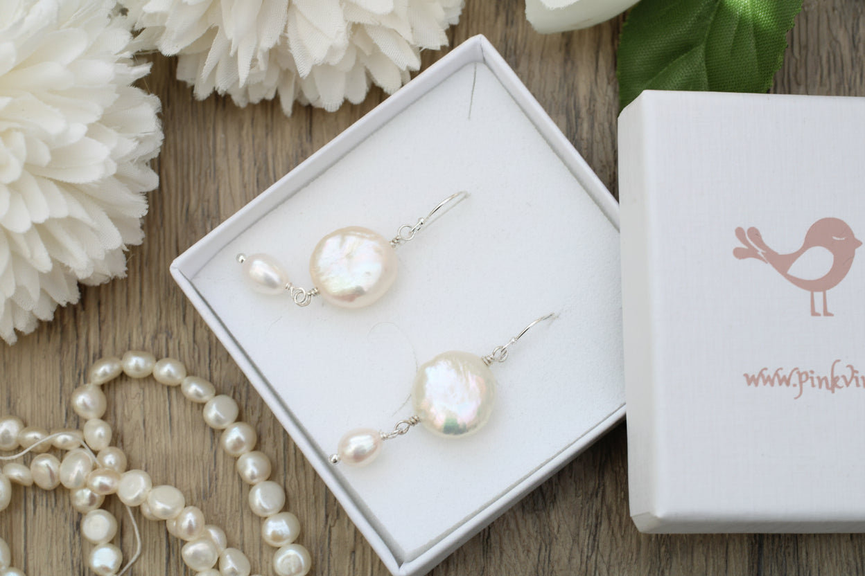 Coin Pearl & Freshwater Pearl Drop Earrings in Sterling Silver